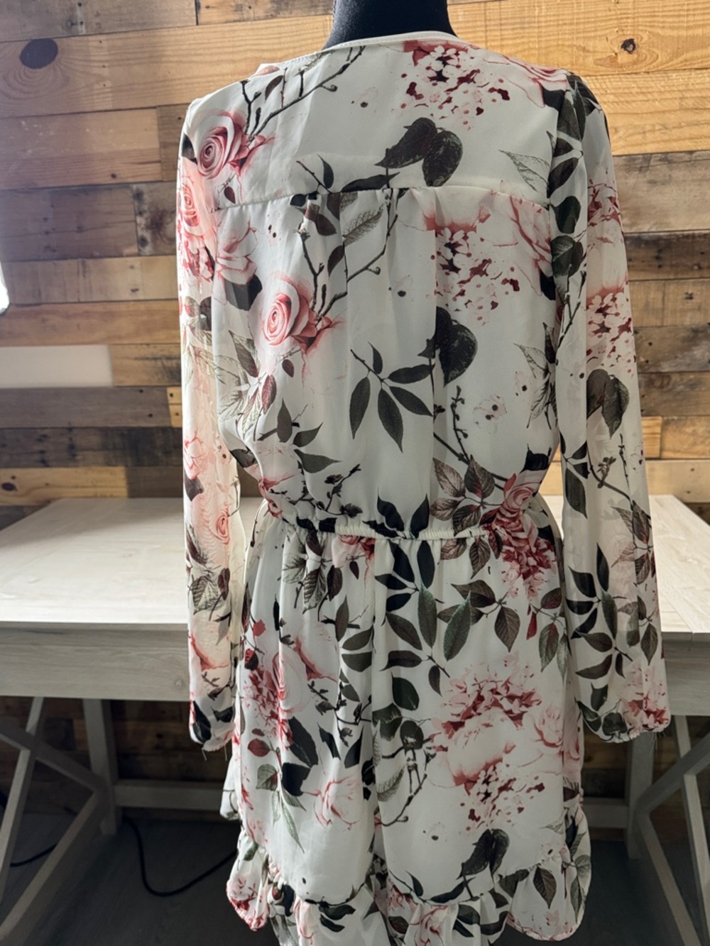 J for Justify White Floral Long-Sleeve Wrap Dress with Pink Roses - Picture 2 of 5